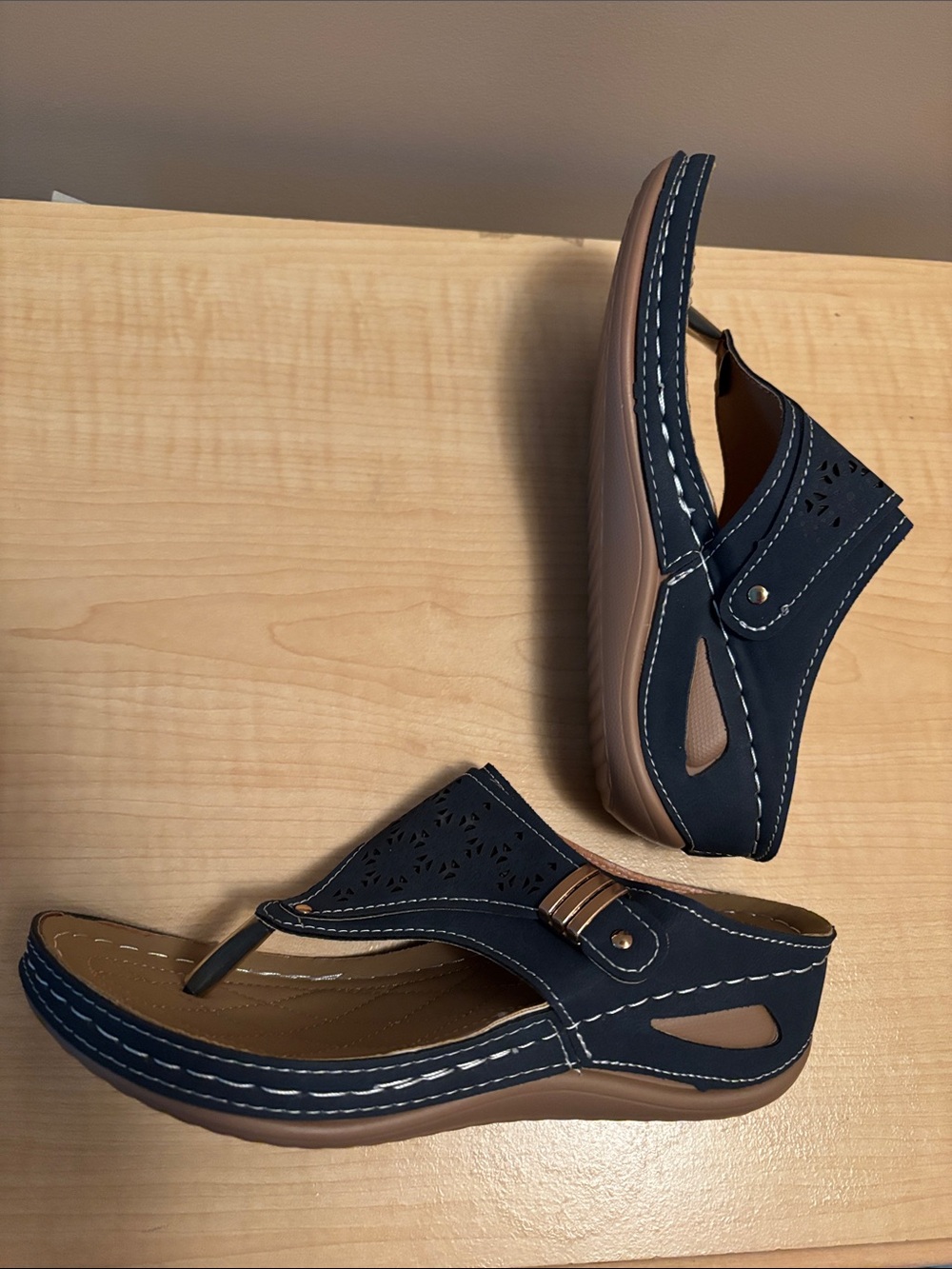 NEW - Women's Navy Blue Wedge Sandals - Comfortable Casual Slip-Ons